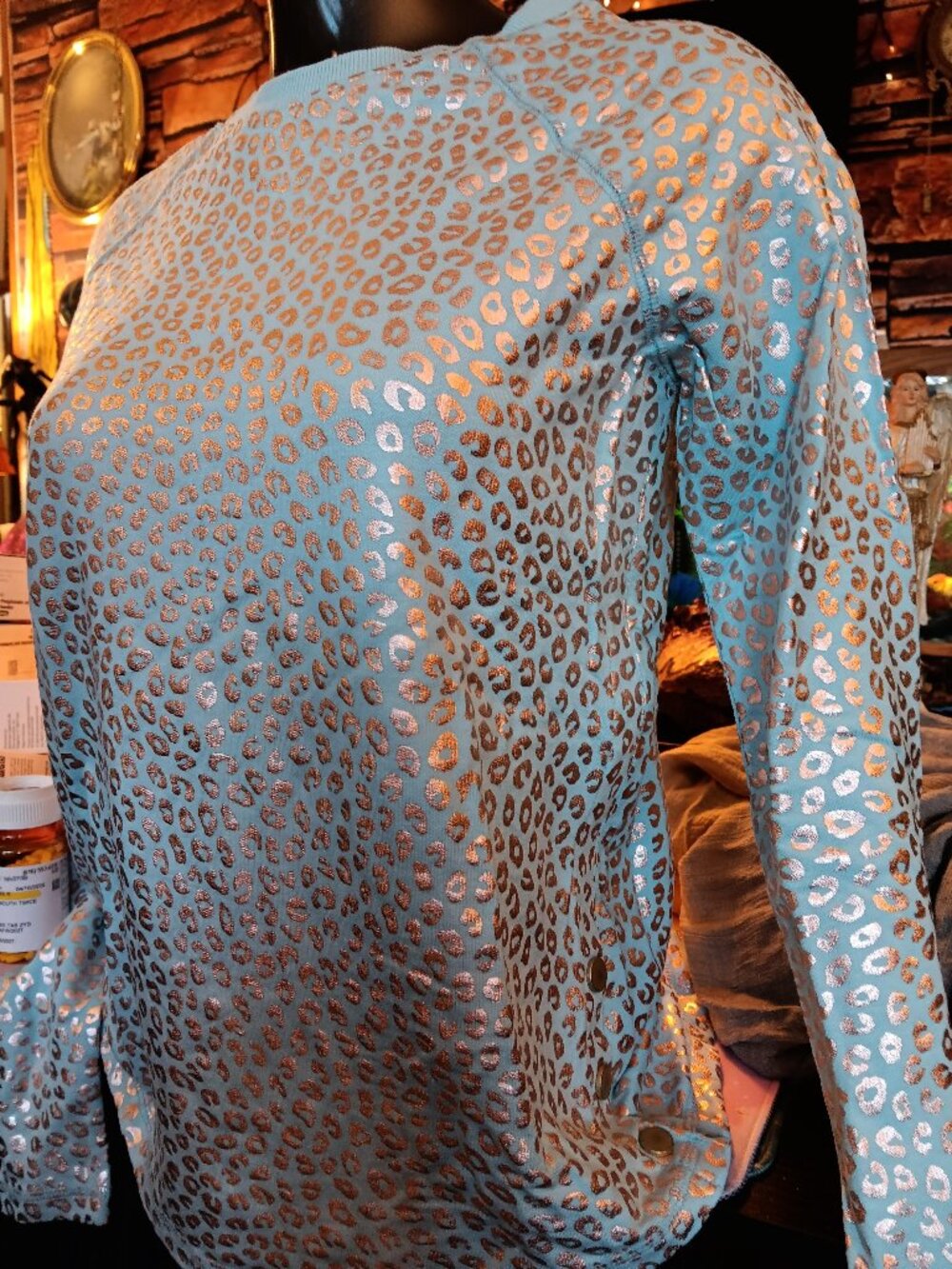 Zuda Leopard Print Teal Metallic Rose Gold Long Sleeve shirt Top NWOT GORGEOUS!
